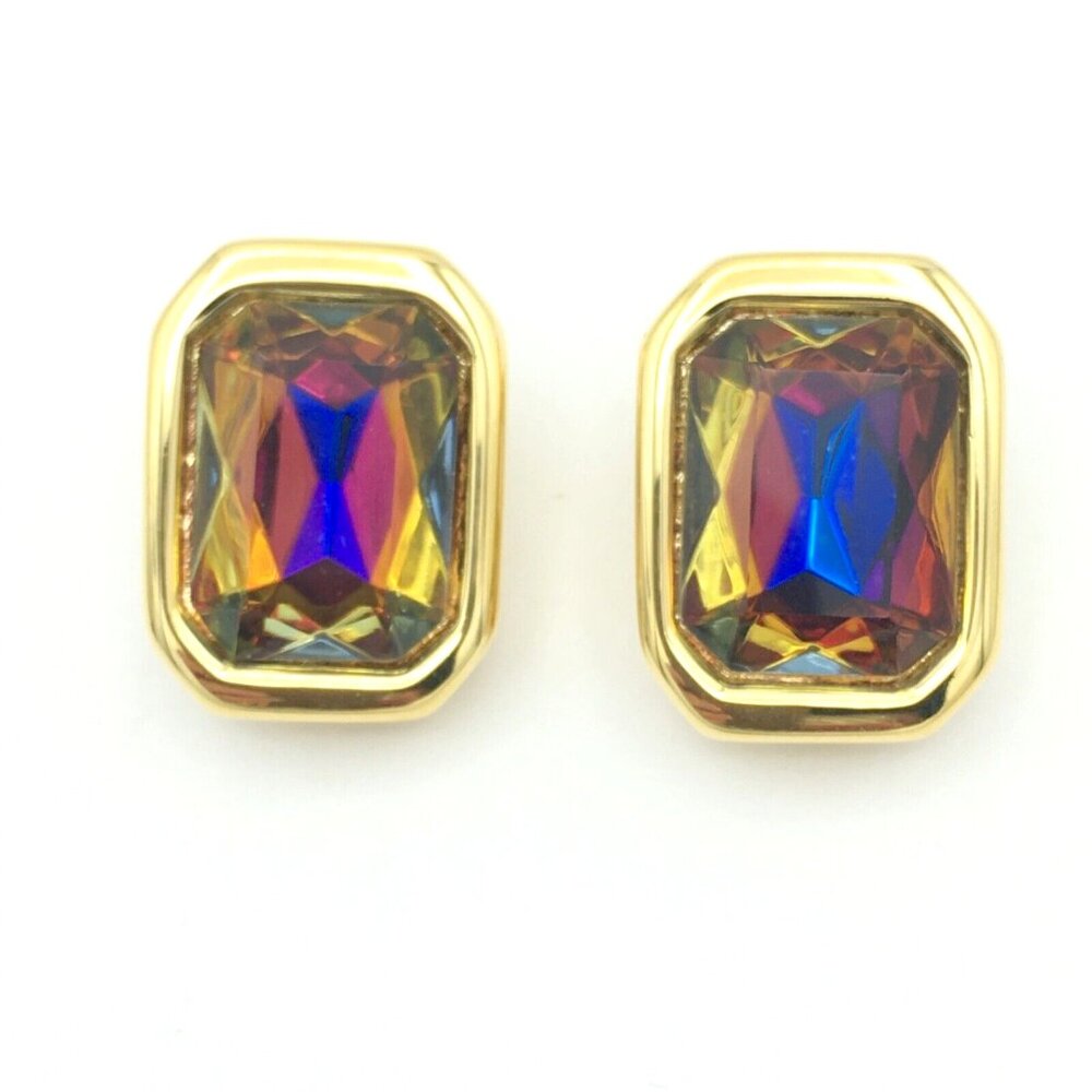KENNETH JAY LANE multicolor rhinestone clip earrings - vtg gold-tone rectangular - Picture 5 of 9